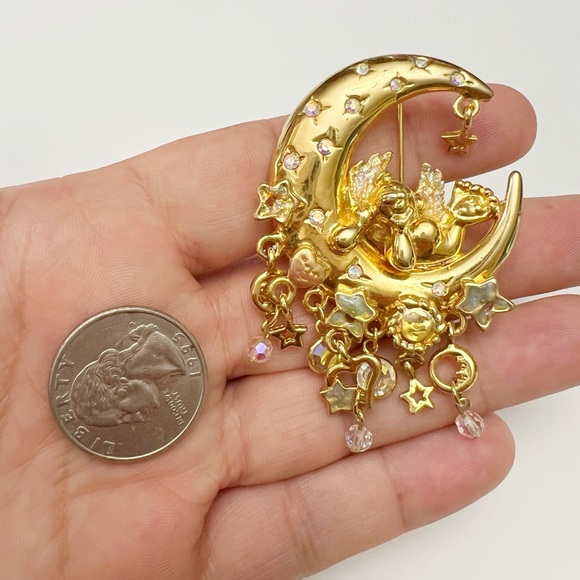 Vintage Kirks Folly Cherub Angel Bear Crescent Moon AB Crystal Dangle Brooch - Picture 2 of 4